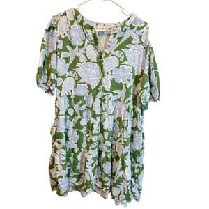 Wonderly Green Blue Floral Tiered Short Sleeve V Neck Button Dress Women's M
